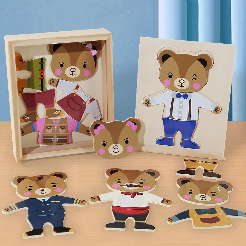 Wooden Toy Montessori Cartoon Animal Changing Clothes Jigsaw Bear Clothes Changing Shape Matching Puzzle Kids Educational Toys