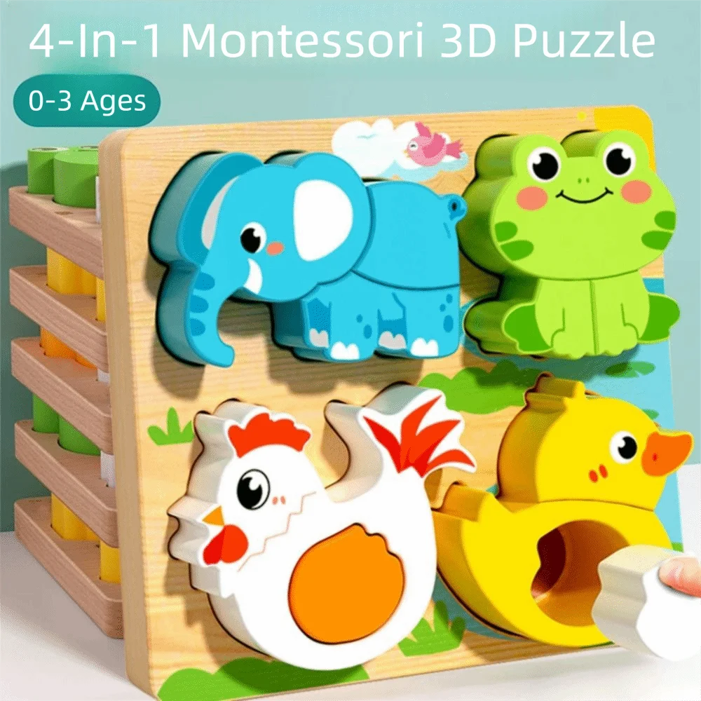 4-in-1 3D Animal Puzzles Character Cognitive Wooden Face Changing Blocks Interactive DIY Shape Matching Game Parent Child